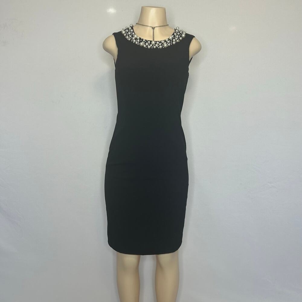 Calvin Klein Black Faux Pearl Embellished Sheath Dress Sleeveless Cocktail